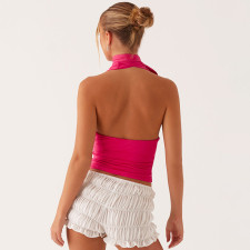 Solid Color Deep V Neck Tie Up Tops GPBY-17158