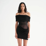 One Shoulder Mesh Hollow Out Pleated Mini Dress GPBY-17169