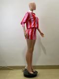 Stripe Lapel Tops Shorts Two Piece Set QOUY-M6056