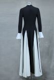 Black White Contrast Color Ruffles Sleeve Maxi Dress GLYK-LX0105