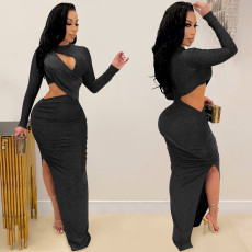 Long Sleeve Hollow Out Split Maxi Dress BY-5550