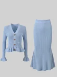Ruffles V Neck Little Fishtail Skirt Two Piece Set GLYK-LX0100
