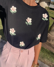 Flower Print Round Neck T-Shirt GLYK-LX042
