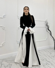 Black White Contast Color Ruffles Sleeve Maxi Dress GLYK-LX0105