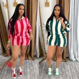 Stripe Lapel Tops Shorts Two Piece Set QOUY-M6056