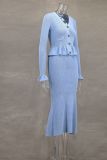 Ruffles V Neck Little Fishtail Skirt Two Piece Set GLYK-LX0100