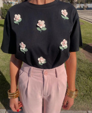 Flower Print Round Neck T-Shirt GLYK-LX042