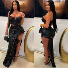 PU Leather Metal Zipper Sexy Split Half-body Skirt YNSF-2679