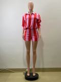 Stripe Lapel Tops Shorts Two Piece Set QOUY-M6056