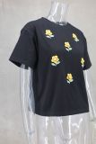 Flower Print Round Neck T-Shirt GLYK-LX042