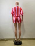 Stripe Lapel Tops Shorts Two Piece Set QOUY-M6056