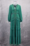 Patchwork Long Sleeve V Neck Maxi Dress GLYK-LX067
