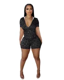 Leopard Print Zipper Hooded Two Piece Shorts Set QXLB-10125