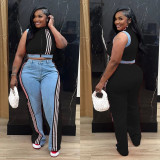 Casual Webbing Loose Spliced Denim Wide Leg Pants Set TR-1323