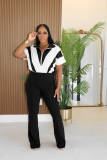 Lapel Zipper Patchwork Micro Flare Jumpsuit TE-4734
