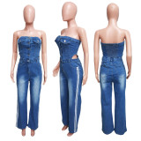 One Shoulder Patchwork Wide Leg Denim Jumpsuit LX-6995