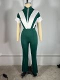 Lapel Zipper Patchwork Micro Flare Jumpsuit TE-4734