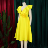 Plus Size V Neck Ruffles Big Swing Midi Dress GATE-565