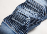 Men's Fashion Zipper Pleated Holes Straight Jeans GBBF-706
