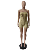 Solid Color Wrap Chest Denim Romper MEM-88636
