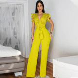 Solid Color Tie Up V Neck Wide Leg Jumpsuit CYA-901738