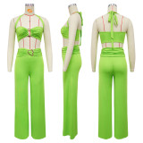 Solid Color Sexy Halterneck Two Piece Pants Set YF-20181