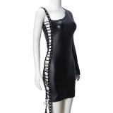 Slant Neck Webbing Hollow Out Mini Dress GNZD-51597DHD