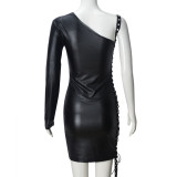 Slant Neck Webbing Hollow Out Mini Dress GNZD-51597DHD