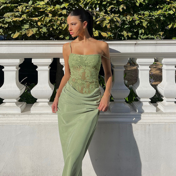 Sexy Lace Patchwork Sling Slim Maxi Dress FL-JY25029DGO