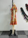Plus Size Printed Waisted Press Pleated Fly Sleeve Romper NY-11039