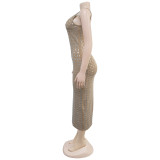 Backless Hot Drill Sling Midi Dress BY-7219