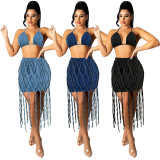 Casual Denim Tie Up Grids Splice Denim Skirt Suit GDAM-715
