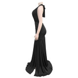 Halterneck Deep V Neck Split Maxi Dress BY-7225