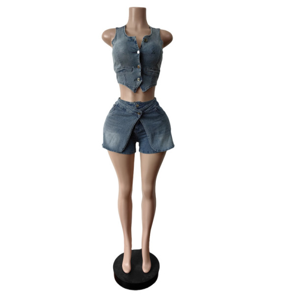 Fashion Denim Sleeveless Vest Shorts 2 Piece Set MEM-88641