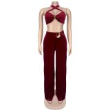 Solid Color Sexy Wrap Chest Loose Pants Suit BY-7236