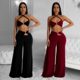 Solid Color Sexy Wrap Chest Loose Pants Suit BY-7236