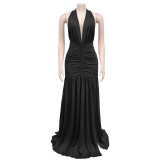 Halterneck Deep V Neck Split Maxi Dress BY-7225