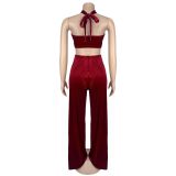 Solid Color Sexy Wrap Chest Loose Pants Suit BY-7236