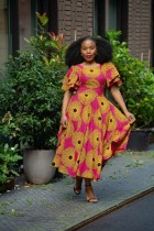 Double Ruffle Short Sleeve Printed Maxi Dress XHXF-457