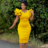 Plus Size Beaded Ruffle Sleeve Gown Midi Dress GATE-D575
