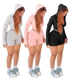 Solid Color Tight Sport Hooded Shorts Suit WSM-5393