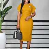 Plus Size Solid Color Slim Midi Dress(With Brooches) GATE-581