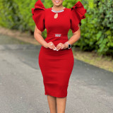 Plus Size Ruffle Sleeve Hot Drill Midi Dress GATE-580