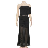 Slash Neck Mesh Patchwork Maxi Dress GAXB-D121DS