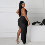 Solid Color Halterneck High Split Two Piece Skirts Set YF-20176