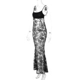 Backless Patchwork Lace Sling Maxi Dress GLAG-D5318604G