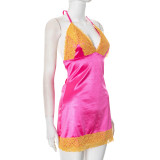 Lace Patchwork Halterneck Backless Mini Dress GDSF-D24DS711
