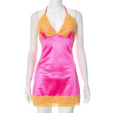 Lace Patchwork Halterneck Backless Mini Dress GDSF-D24DS711