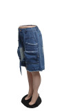 Loose Casual Big Pockets Tassel Denim Shorts QXTF-8505