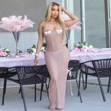 Plunge Bow Slightly Sheer Fishtail Dress  GDSF-Q25DS083